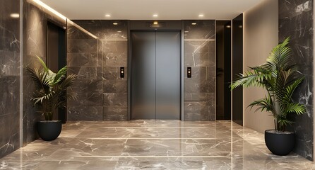 a large room with a plant and a door in it's center area