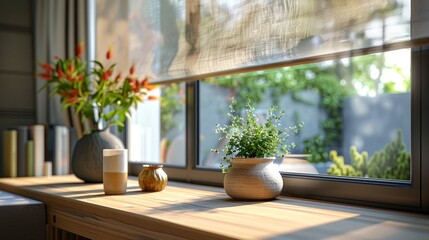 a window sill with a vase and a plant on it - obrazy, fototapety, plakaty