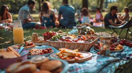 a picnic with a lot of food and drinks on the table and people sitting around it in the background..