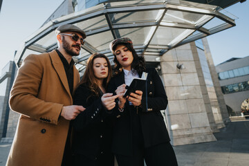 A group of young people collaboratively working on a project, focusing intently on a smart phone screen outdoors with urban architecture in the background.