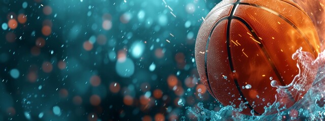 a basketball is in the water with a splash of water around it and a blue background with orange and white dots.. - obrazy, fototapety, plakaty