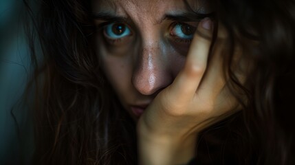 a woman with blue eyes and a teary expression on her face is looking at the camera with a sad look on her face..