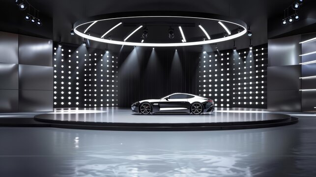 For a luxury car launch, the stage podium is crafted into a showroom pedestal, highlighting the vehicle s sleek design and superior craftsmanship, Decor element background