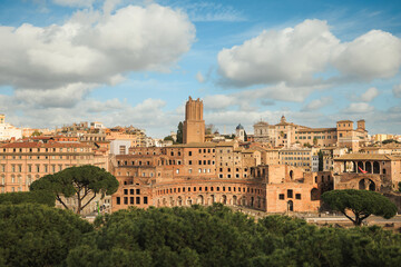 Obraz premium A bustling cityscape filled with towering buildings reaching towards the sky, juxtaposed against lush green trees offering a serene touch of nature amidst the concrete jungle