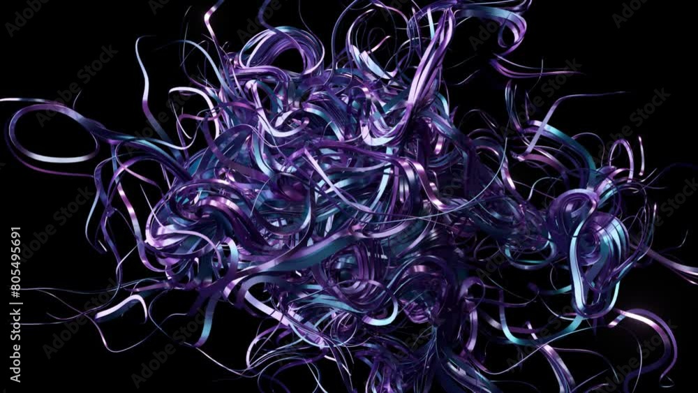 Poster a dynamic 3d rendering of abstract metallic ribbons in blue and purple shades, twisting and turning 