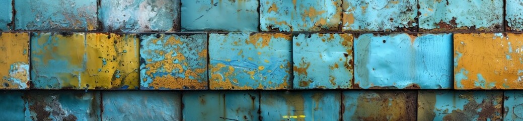 a rusted metal roof with blue and yellow paint on it's sides