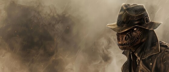 Presenting a closeup halfbody of a charismatic carnivore in a detectives fedora and trench coat
