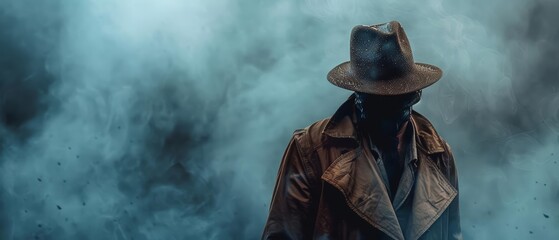 Presenting a closeup halfbody of a charismatic carnivore in a detectives fedora and trench coat