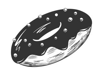 Sketch style donut with glaze isolated on white background. Engraving style donut with chocolate. Black and white dessert
