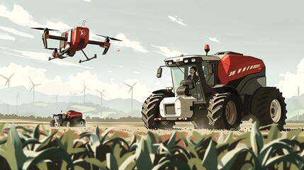 Hitech agricultural scene showing a drone and groundbased robots collaborating to plant and harvest crops