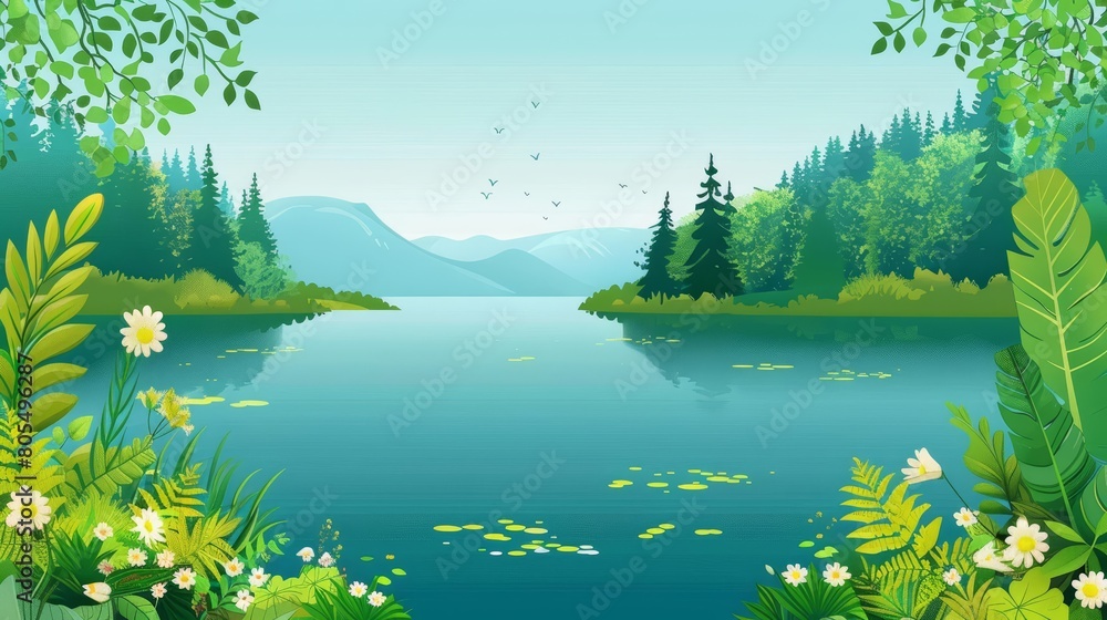 Poster the creative banner of ecological awareness emphasizes green forests and clean rivers, and element o