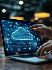 Hand showing laptop computer with cloud network Computer connects to internet server service for cloud data transferCloud computing technology and online data storage for business
