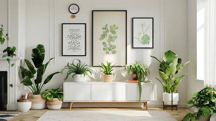 Plant on wooden white cupboard in apartment interior with posters and fireplace