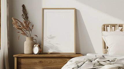Portrait white frame mockup on retro wooden bedside table