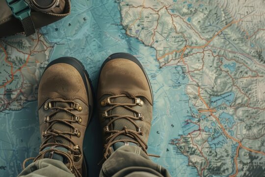 The creative flat lay template of hiking boots and trail maps is perfect for adventure and exploration themes, with solid background and copy space on center