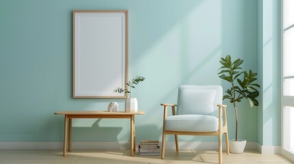 Retro concept mint pastel armchair wooden table and framed poster in a bright minimalist interior