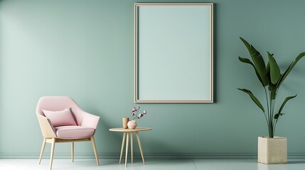 Retro concept mint pastel armchair wooden table and framed poster in a bright minimalist interior