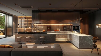 The home interior design features a large kitchen with minimalist aesthetics and high functionality, Interior 3d render Sharpen highdetail realistic concept - obrazy, fototapety, plakaty