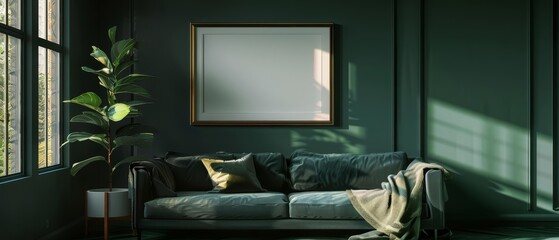 The Mockup poster frame in a dark green living room interior serves as an elegant addition, enriching the moody tones, 3D render sharpen - obrazy, fototapety, plakaty