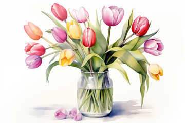 Obraz premium Watercolor of tulip flower vase on white background 