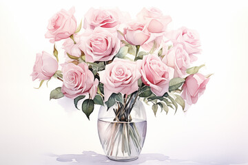 Watercolor of roses flower vase on white background 