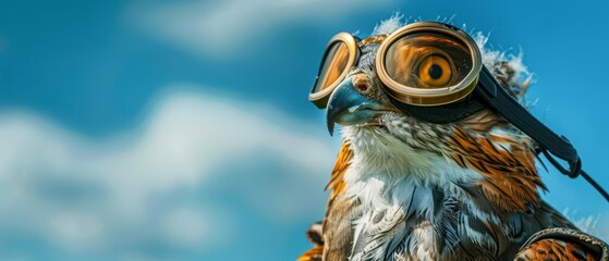 The scene shows a closeup halfbody of a charismatic migratory bird dressed as a pilot - obrazy, fototapety, plakaty