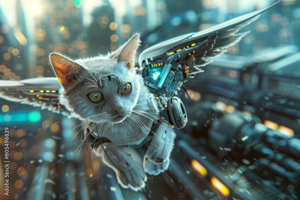 Poster this closeup cyber concept shows a surreal scene with a robotic cat with wings hovering over a citys