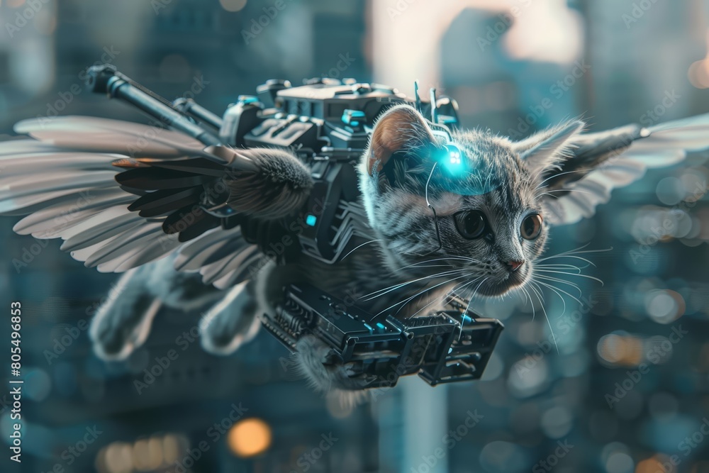 Poster this closeup cyber concept shows a surreal scene with a robotic cat with wings hovering over a citys