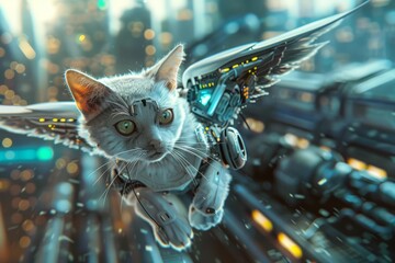 This closeup cyber concept shows a surreal scene with a robotic cat with wings hovering over a cityscape - obrazy, fototapety, plakaty