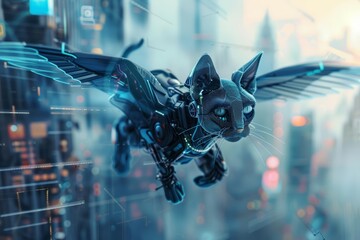 This closeup cyber concept shows a surreal scene with a robotic cat with wings hovering over a cityscape - obrazy, fototapety, plakaty