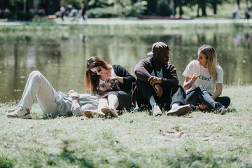 Joyful friends relax and chat by a pond in a city park on a sunny day, embodying a sense of freedom...