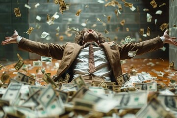 A man in utter delight as he's surrounded by a windfall of cash flying all around him in a room