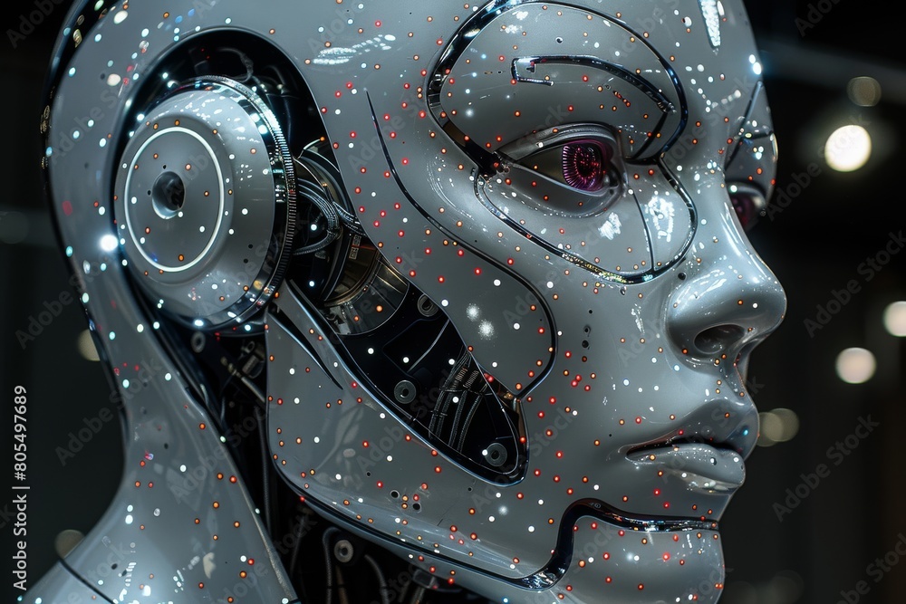 Poster close-up view of a robot's head with illuminated circuits and patterns, depicting advanced technolog