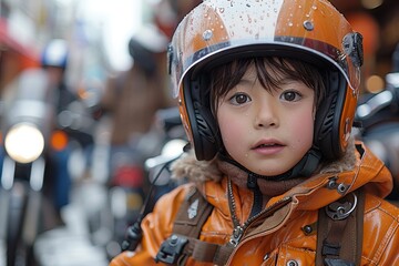 Child with an attentive expression wearing an orange motorbike helmet, rain drops visible