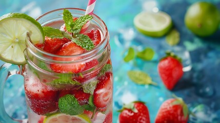 Infused detox water with strawberry lime and mint Ice cold summer cocktail or lemonade in glass mason jar