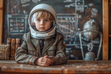 Adorable child dressed in an astronaut suit posing in a classroom setting, imagination in education