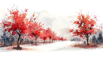 The watercolor painting shows a beautiful winter scene with snow-covered trees and a frozen lake