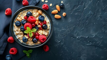 Oatmeal porridge with fresh berries and nuts in a bowl top view