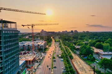 Reston Virginia Urban Skyline and Construction at Sunset – Aerial Drone Cityscape