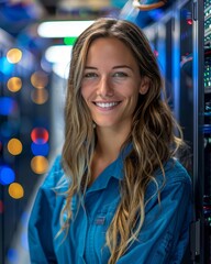 Obraz premium Portrait of smiling female technician in server room