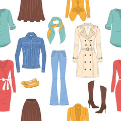 Female fashion set, women's clothes collection, fashionable outfit, vector seamless background pattern