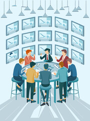 Graphic Representation of a Team of Journalists Brainstorming Story Ideas in a Newsroom Filled With Monitors Showing News Channels, Vector Illustartion Style