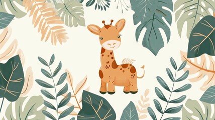 Cute Animal in Boho Baby Room Style with Wide Leaf Pattern Background