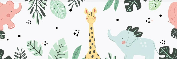 Cute Animal in Boho Baby Room Style with Wide Leaf Pattern Background