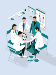 Team of Medical Team Discussing Patient Treatment Plans With Digital Tablets and Medical Equipment, Vector Illustration