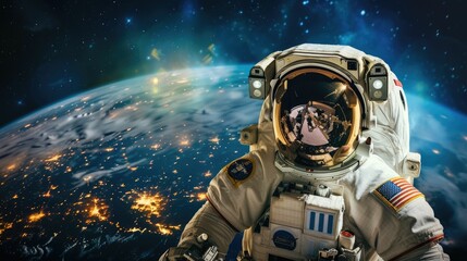 The picture of the astronaut flying in the space with the earth background, the spaceman must wear the space suit to protect the human body from the radiation, extreme temperature and pressure. AIG43.