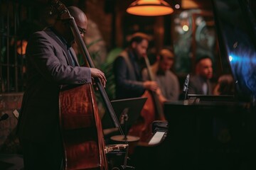 An evening jazz concert in a cozy club, musicians in deep concentration, audience immersed in the...
