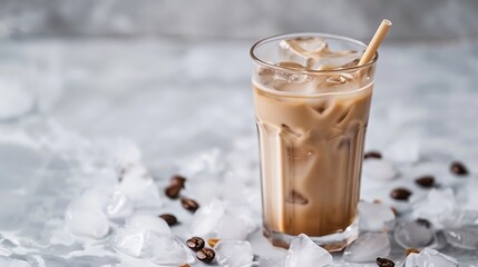 Summer drink ice coffee with cream in a tall glass with straw surrounded by ice on white marble table
