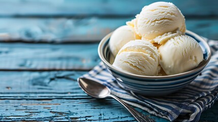 Tasty vanilla ice scoops in bowl on blue wooden rustic table