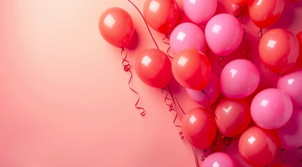 Red balloons on pastel pink background with copy space.